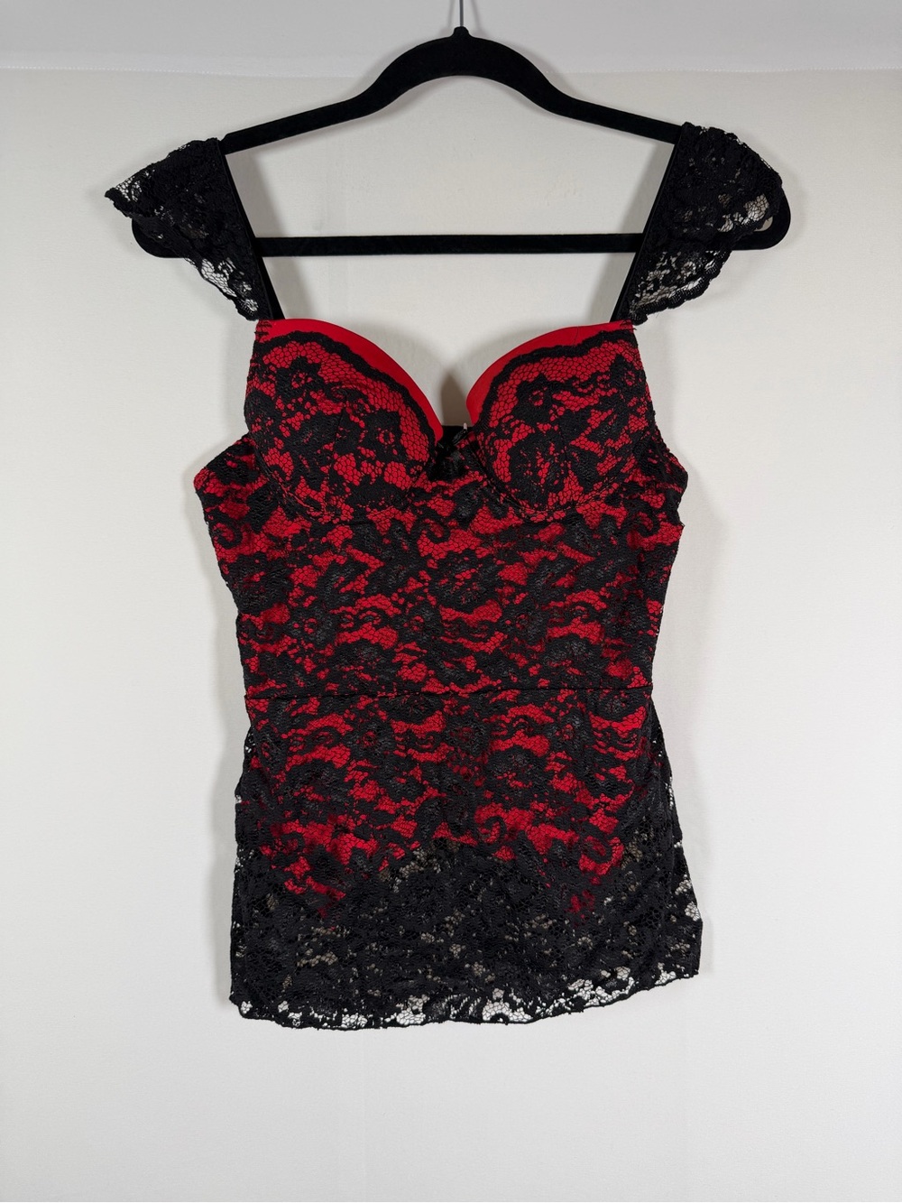 Women's Y2K Red & Black Bustier Tank Lace Cap Sleeve Whimsigoth Vamp Coquette
